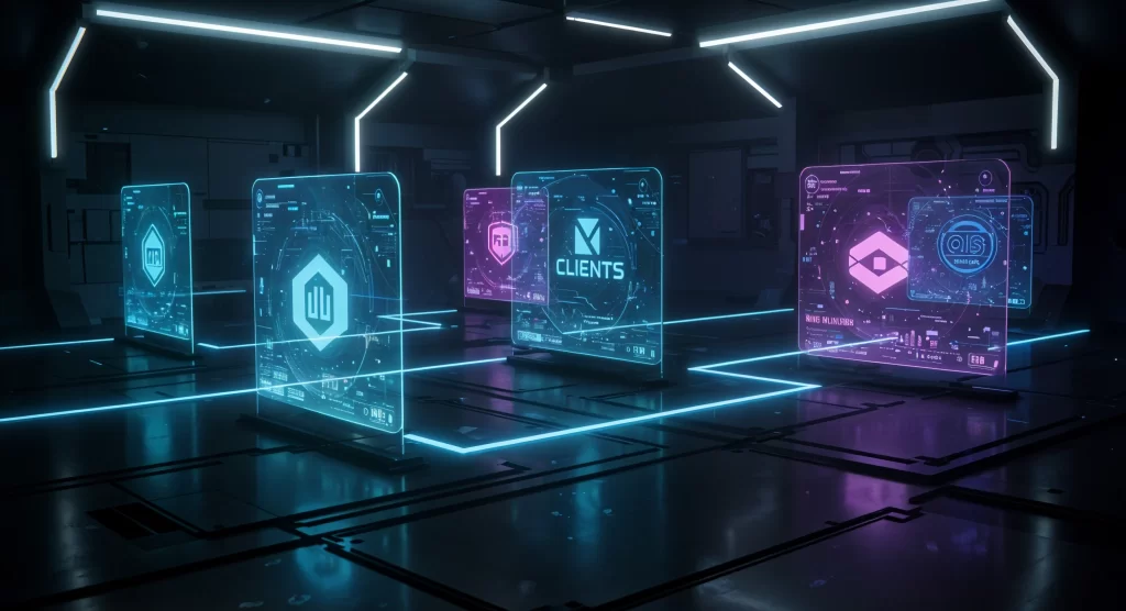 Entorno futurista de alta tecnología: una sala de control oscura con superficies metálicas pulidas, paneles holográficos flotantes mostrando logotipos corporativos de clientes premium conectados por rutas de luz neón azul y púrpura. Reflejos sutiles y suave iluminación de contorno enfatizan una atmósfera de exclusividad, innovación y dinamismo.